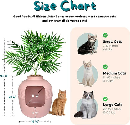 Good Pet Stuff Hidden Litter Box Planter, Decorative Cat Litter Enclosure with Carbon Filter, Artificial Plant, Easy Clean, Indoor Design, Original Round Style, Base Kit, Pink Coral