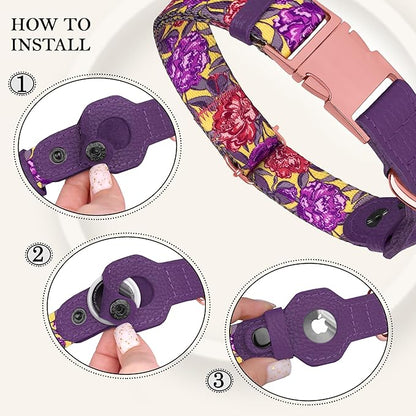 AirTag Dog Collar for Small Medium Large Breed - Adjustable Cute Pattern Dog Collar with Airtag Holder - Soft Leather Tracker GPS Apple Air Tag Pet Collars (Large, 17"-21" Neck Fit, Peonies)