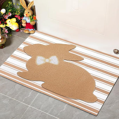 Tinideya 2 Pcs Bunny Door Mat Rabbit Welcome Non Slip Coir Mats Brown and White Stripe Floor Layering Doormats Seasonal for Front Porch Entryway Decor(Rabbit)