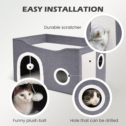 Heeyoo Cat House for Indoor Cats - Large Cat Bed Cave with Fluffy Ball and Scratch Pad, Foldable Cats Houses & Condos, Cat Hideaway, Covered Kitty Bed for Multi Small Large Kitty, 23.8x15.9x13.2 Inch