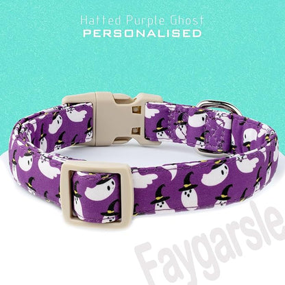 Faygarsle Halloween Dog Collar with Charm, Purple with Ghost Pattern, Adjustable Pet Collar for Small Medium Large Dogs S