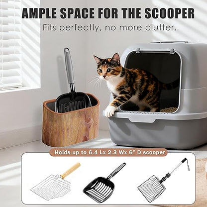Cat Litter Scoop Holder – Wood-Grain Dual-Open Scoop Caddy with Bag-Lock Hole, Wide-Mouth Double-Layer Inner Bucket, Mini Desktop Trash Bin for Pet Scoops & Accessories