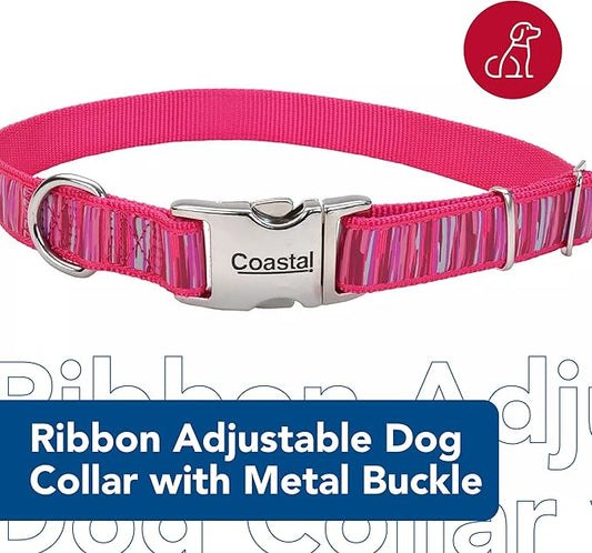 Coastal Pet - Ribbon - Adjustable Dog Collar with Metal Buckle, Pink Flamingo Stripe, 5/8" x 08"-12"