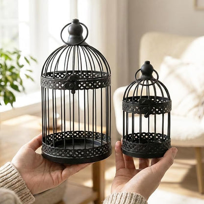 VELA LANTERNS Bird Cage Decor Candle Holder Lantern Decorative Table Centerpiece Halloween Decorations, 10" and 6" Tall, Black, Set of 2