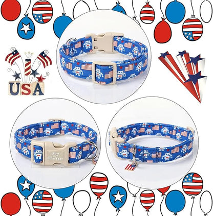 4th of July Dog Collar, Robot Star-Spangled Patriotic Dog Collars for Giant Large Dogs, Adjustable Lightweight Quick-Release Buckle Collar for Boy&Girl Dogs XL