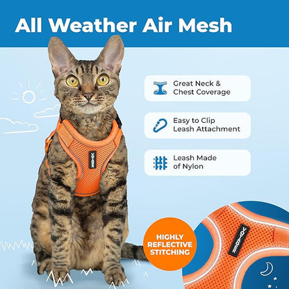 Voyager Escape-Proof Step-in Lock Cat Harness & 5ft Neoprene-Handle Leash Set All-Weather Mesh with Reflective Stitching for Small to Large Cats by Best Pet Supplies, Orange (327), XXXS