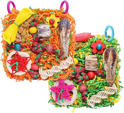 Bird Toys for Small & Medium Parrots - Natural Foraging & Shredding Cage Hanging Toys with Seagrass Mat, Starfruit, Loofah Slices for Budgies, Cockatiels, Lovebirds, Conures (2 PCS)