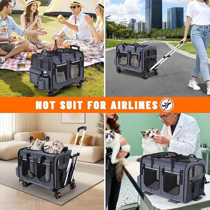 Cat Carrier for 2 Cats,Cat Carrier with Wheels for Cats and Dogs, Foldable Double Pet Carrier, Rolling Dog Carrier with Detachable Wheels and Telescopic Handle,2 Front Zippered Compartments Gray