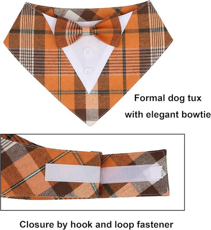 ADOGGYGO Fall Dog Tuxedo Bandana, Orange Plaid Pet Tux Collar with Bowtie, Adjustable Halloween Thanksgiving Formal Costume for Large and Extra Large Dogs Pets (XL)
