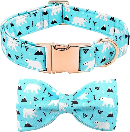 Dog Collar, Bow Dog Collar Blue Bear Pattern Pet Collar Dog Cute Bow Tie Soft Girl Boy Dog Collars with Metal Buckle for Small Dogs