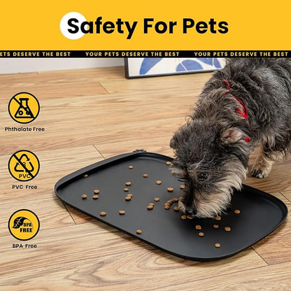Silicone Dog Food Mat with Side Pocket & Hook Hole, Soft Raised Edges, Easy Clean Waterproof Non-Slip Pet Feeding Mat for Cats and Dogs Water Bowl, Pets Accessories(24"x16",Black)