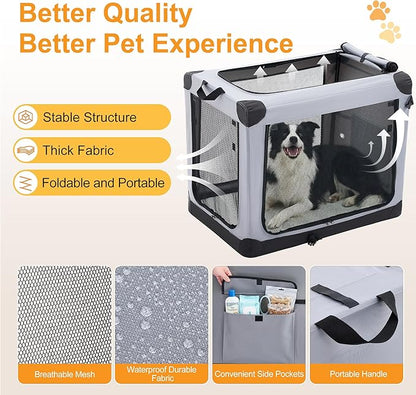 Dog Travel Crate 36 Inch, Portable Soft-Sided Travel Carriers for Dogs and Cats, Foldable Pet Kennel with 3-Doors Mesh Windows Indoor & Outdoor, Grey