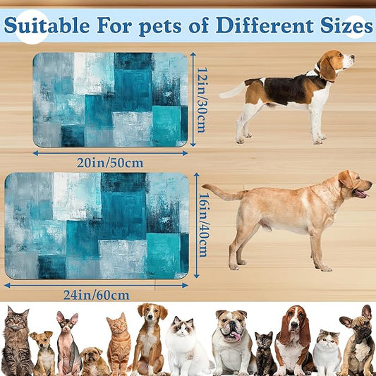 Blue Teal Dog Cat Food Mat–Christmas Stocking Absorbent Waterproof Placemat for Food and Water Bowls, Non Slip Rubber Backing, Feeding Mat for Clean Floors 16"x24"