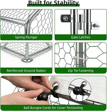 4ever2buy Large Metal Chicken Coop with Run Walk-in Poultry Cage Chicken Runs House Pen Cage Dome Roofed Chicken Coops with Anti-Ultraviolet Cover for Outdoor Yard Farm Use 9.5'W x 6.45'L x 6.3'H