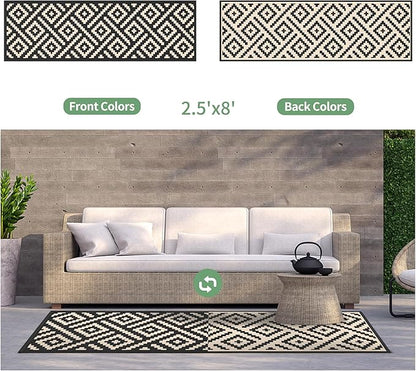 GENIMO Outdoor Rug 2.5'x8' Waterproof, Reversible Camping Mat, Plastic Straw Rugs for Patio, RV, Camper, Balcony, Backyard, Picnic, Deck (Black & Beige)