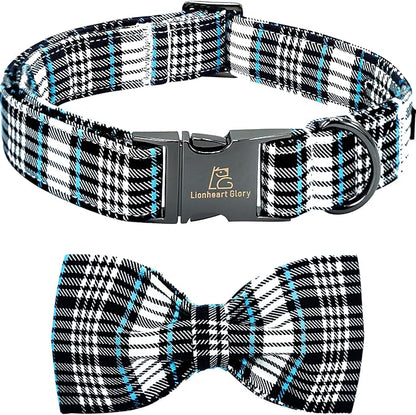 Lionheart glory Dog Bow Collar Blue and Black Plaid Dog Collar for X-Large Dogs,Boy Dog Collars with Bowtie Spring Summer Collars Soft Adjustable Pet Collar Bows