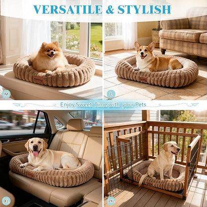 Cute Washable Dog Bed for Small Dogs -Soft Plush Calming Puppy & Cat Bed with Anti-Slip Bottom, Rectangle Anti-Anxiety Puppy Kennel Bed with Handle, 25" x 21" x 4", Brown