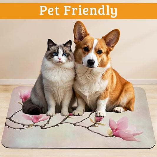 Pink Magnolia Feeding Mat,Vintage Flowers Absorbent Quick-Dry Cat Dog Food and Water Bowl Mats,Non-Slip Rubber Backing Mat,Cat Dog Accessories Supplies 16" x 24"