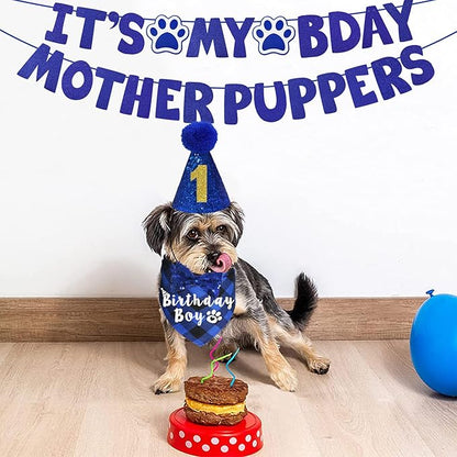 Dog Birthday Party Supplies, Multi Sizes Dog Birthday Hat with Numbers Bandana Bow Tie It’s My Bday Mother Puppers Sign Banner for Small Dogs Pets (Small, Blue)