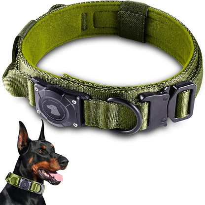 2025 Upgrade Waterproof AirTag Dog Collar, Military Tactical Dog Collar with AirTag Holder, Comfortable Control Handle and Metal Buckle, GPS Dog Collar Holder for Medium to Large Dogs (ArmyGreen, L)