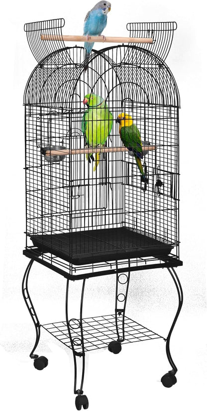 SUPER DEAL 63.5'' Rolling Bird Cage Large Wrought Iron Cage for Cockatiel Sun Conure Parakeet Finch Budgie Lovebird Canary Medium Pet House with Rolling Stand & Storage Shelf