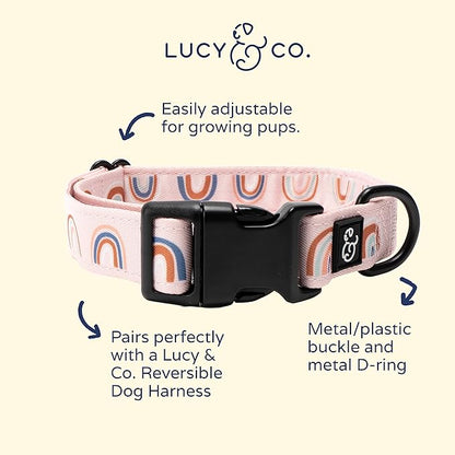 Lucy & Co. in The Clouds Dog Collar - Durable Lightweight Designer Collar for Pets - Adjustable Metal Safety Buckle - Pink Rainbows - Medium
