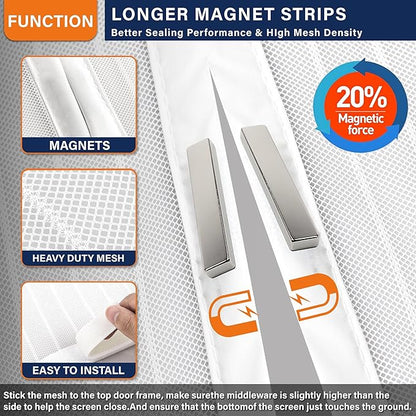 Magnetic Screen Door,Self Sealing Magnets, Easy Install Screen Doors with Magnets,Pet & Kid Friendly- Fits Doors up to 36 x 80 Inches White