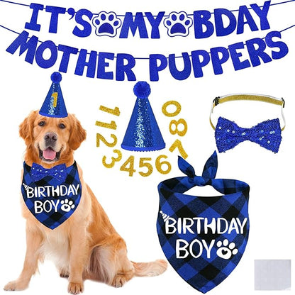 STMK Dog Birthday Decorations, Multi Sizes Dog Birthday Hat Bandana Bow Tie Numbers It’s My Bday Mother Puppers Banner for Large Extra Large Dogs Pets (X-Large, Blue)