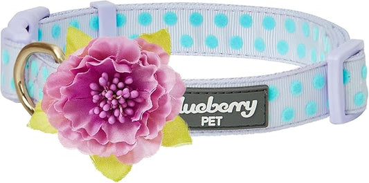 Blueberry Pet Dog Collar - Adjustable Flocking Puppy Collar with Silk Flower, Polka Dot in Pastel Purple, Medium 14.5"-20" - Pink Dog Collars for Small Dogs, Girl Dog Collars