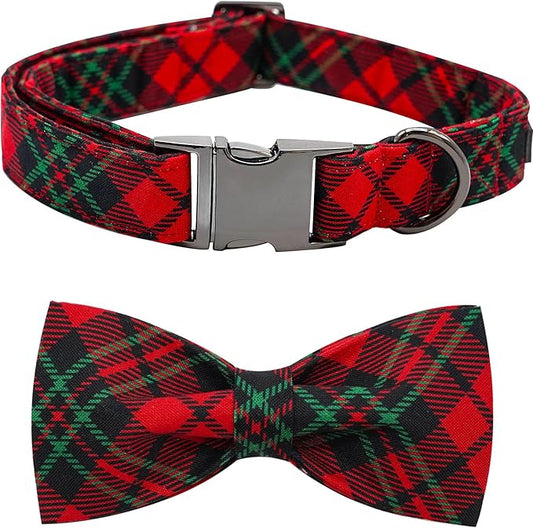 Dog Collar, Christmas Dog Collar Plaid Pet Collar Bow Holiday Bows Girl Boy Puppy Collar Adjustable Pet Collar for X-Large Dogs