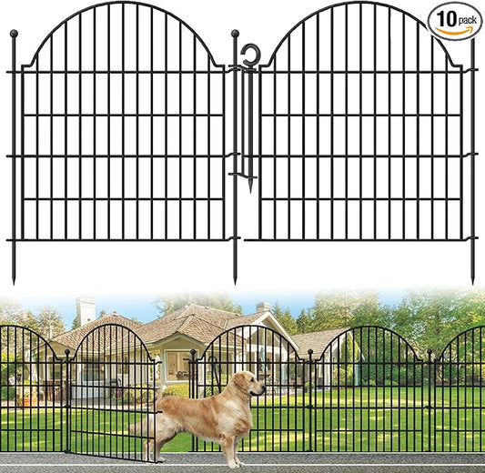 Decorative Metal Garden Fence with Gate Lock 10 Panels, 32in (H) x 23.6ft (L) No Dig Dog Fence Outdoor for Yard, Temporary Rustproof Metal Wire Rabbit Dog Garden Border Fencing for Patio