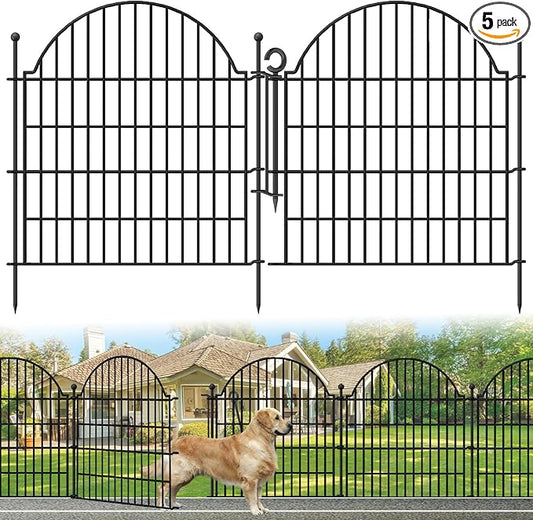 Decorative Metal Garden Fence with Gate Lock 5 Panels, 32in (H) x 11.8ft (L) No Dig Dog Fence Outdoor for Yard, Temporary Rustproof Metal Wire Rabbit Dog Garden Border Fencing for Patio