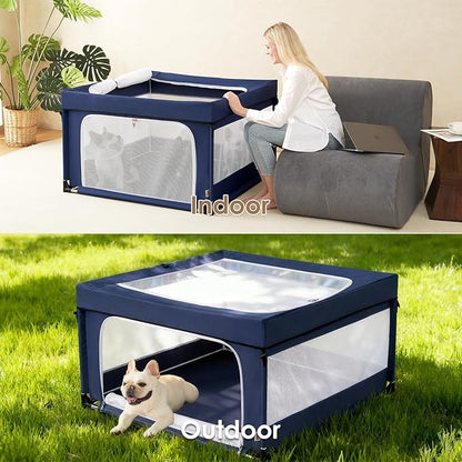 EHEYCIGA 42x42x26 Inches Puppy Playpen with Top Cover for Dogs & Cats Indoor or Outdoor - Dog Playpen with Door, Dog Fence for Small Animal with Heavy-Duty Oxford & Steel Frame, Navy
