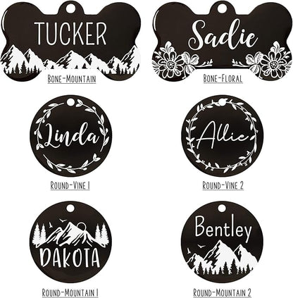 Ultra Joys Stainless Steel Pet ID Tag Dog Name Tags Personalized Front and Back Engraving, Customized Dog Tags and Cat Tags, Optional Engraved on Both Sides, Round Tag w/Mountain on Top Design, Small