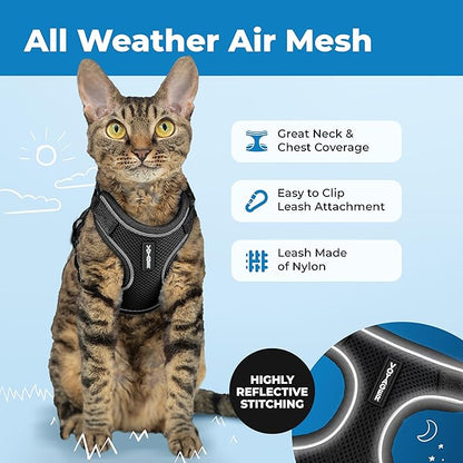Voyager Escape-Proof Step-in Lock Cat Harness & 5ft Neoprene-Handle Leash Set All-Weather Mesh with Reflective Stitching for Small to Large Cats by Best Pet Supplies, Black (327), XS