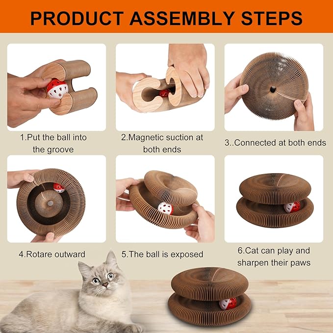 Magic Organ Cat Scratching Board with Bell-Ball, Durable Foldable & Reversible Infinity Style Interactive Kitty Kurlz Cat Scratcher for Indoor Cats Toy, Furniture Protector, Kitten Cats Accordion Toy
