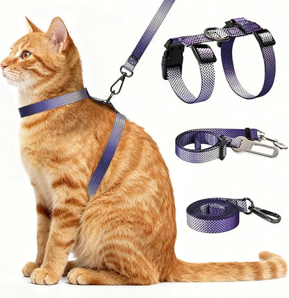 Cat Harness and Leash Set, 3-in-1 Escape Proof Adjustable, Comfortable Soft Lightweight, Safe, Easy to Wear, Walking Travel Kitten Harness for Small Medium Large Cats (Purple)