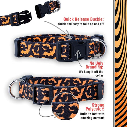 Native Pup Halloween Dog Collar- Spooky Fall Themed Horror Costume Collars- Skull, Pumpkin, Ghost, Bat, Witch, Candy Corn, Spider- Adjustable for Small, Medium, Large Breeds (Medium, Orange Bats)