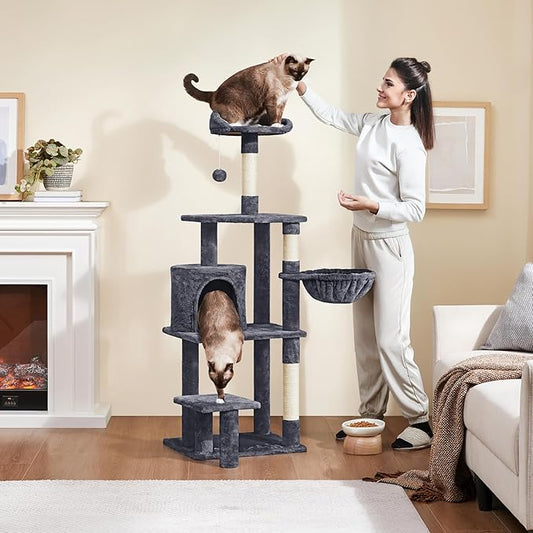 Yaheetech 57in Multi-Level Cat Tree Tower with Extended Platform, Padded Perch, Scratching Posts, and Ball — Indoor Activity Center for Large Cats
