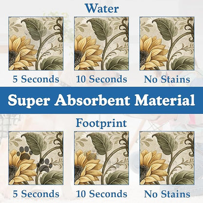 Vintage Sunflower Pet Feeding Mat for Floors–Christmas Stocking Absorbent Quick Dry Dog Cat Bowl Mat for Food and Water, Non Slip Waterproof Base, Mess-Free Feeding Accessories 16"x24"