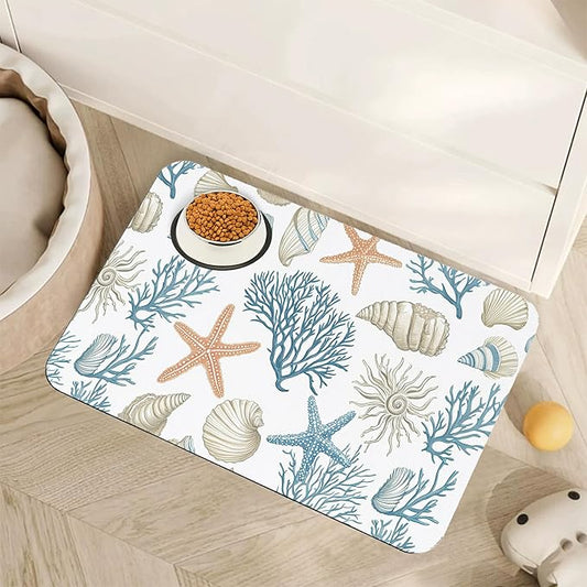 Starfish Dog Food Mat for Floors,Coral Shell Ocean Absorbent Quick-Dry Pet Feeding Mat, Cat Dog Bowl Mats for Food and Water,Non-Slip Pet Accessories Supplies 16"x24"
