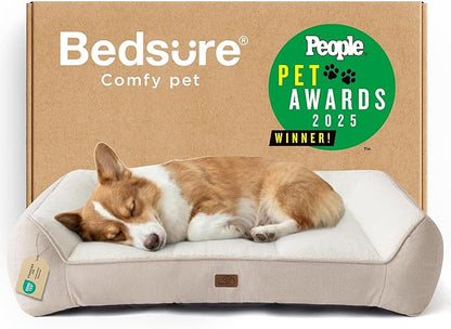 Bedsure SupportMax™ Orthopedic Dog Bed Medium Size Dog - Extra Thick Supportive Medium Dogs Beds with Waterproof Washable Cover, Comfort Pet Bed Sofa with Soft Sherpa and Nonskid Bottom, Beige, 35"