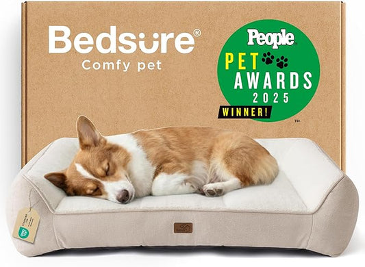 Bedsure SupportMax™ Orthopedic Dog Bed Medium Size Dog - Extra Thick Supportive Medium Dogs Beds with Waterproof Washable Cover, Comfort Pet Bed Sofa with Soft Sherpa and Nonskid Bottom, Beige, 35"