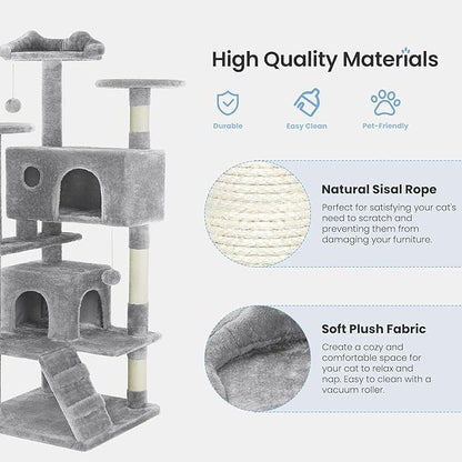 54 Inches Cat Tree Tower for Indoor Cats, Cat Tree Tower Condo with Scratching Post for Cats House Play, Multi-Level Furniture Activity Center for Pet, Sisal Rope, Light Gray