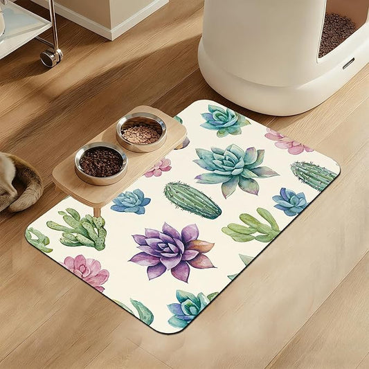 Cactus Flower Pet Feeding Mat for Floors–Christmas Stocking Absorbent Quick Dry Dog Cat Bowl Mat for Food and Water, Non Slip Waterproof Base, Mess-Free Feeding Accessories 12"x20"