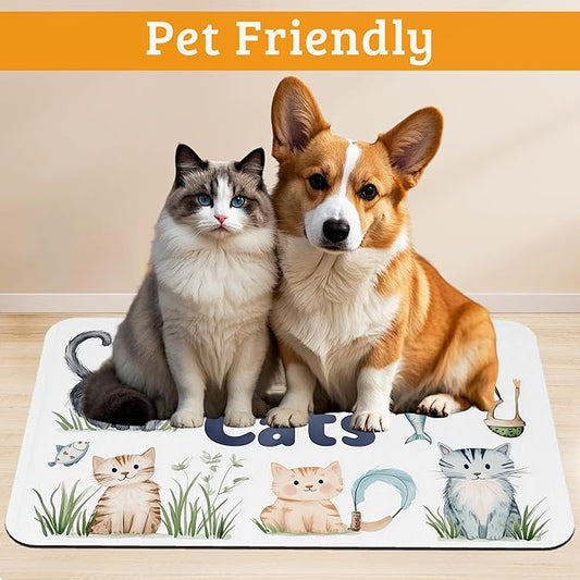 Cats Dog Food Mat,Cute Fun Absorbent Pet Feeding Mat for Food and Water Bowl,Quick Dry Dog Placemat Non Slip Rubber Backing Waterproof Pet Supplies 12" x 20"