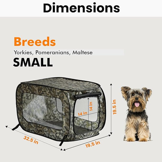 Beatrice Home Fashions Portable, Collapsible, Pop Up Kennel Travel Cat and Dog Crate, 32.5" L x 19.5" W x 19.5" H, Camo Green
