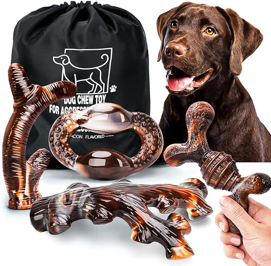 Dog Chew Toys for Aggressive Chewers 4 Pack, Indestructible Dog Toys, Bacon Flavor, Tough Nylon Bones to Keep Them Busy, Medium & Large Breed, Gifts for Dogs