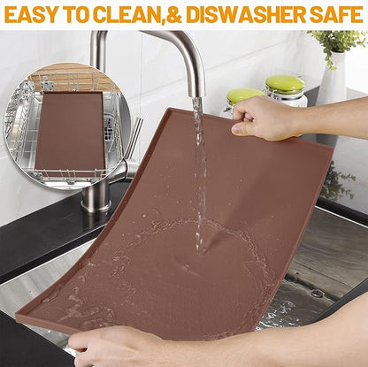Hubulk Dog Feeding Mat,100% Waterproof Food Grade Silicone Pet Food and Water Bowl Placemat,Dishwasher, High Raised Edge to Prevent Spills,Nonslip Tray to Stop Messes on Floor（19"x12"x0.5", Brown）