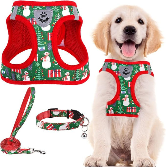 PUPTECK Adjustable Dog Harness Collar and Leash Set Step in No Pull Pet Harness for Small Medium Dogs Puppy and Cats Outdoor Walking Running, Soft Mesh Padded Reflective Vest Harnesses, Christmas, XS